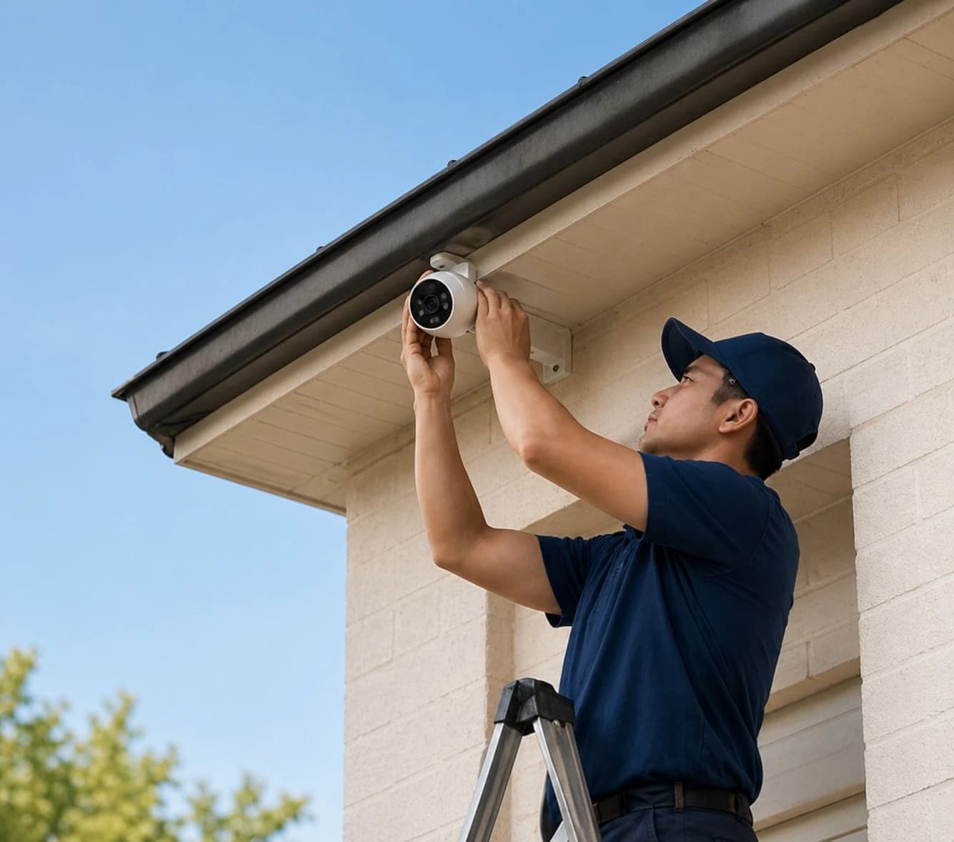 Austrend technician installing security camera on a wall