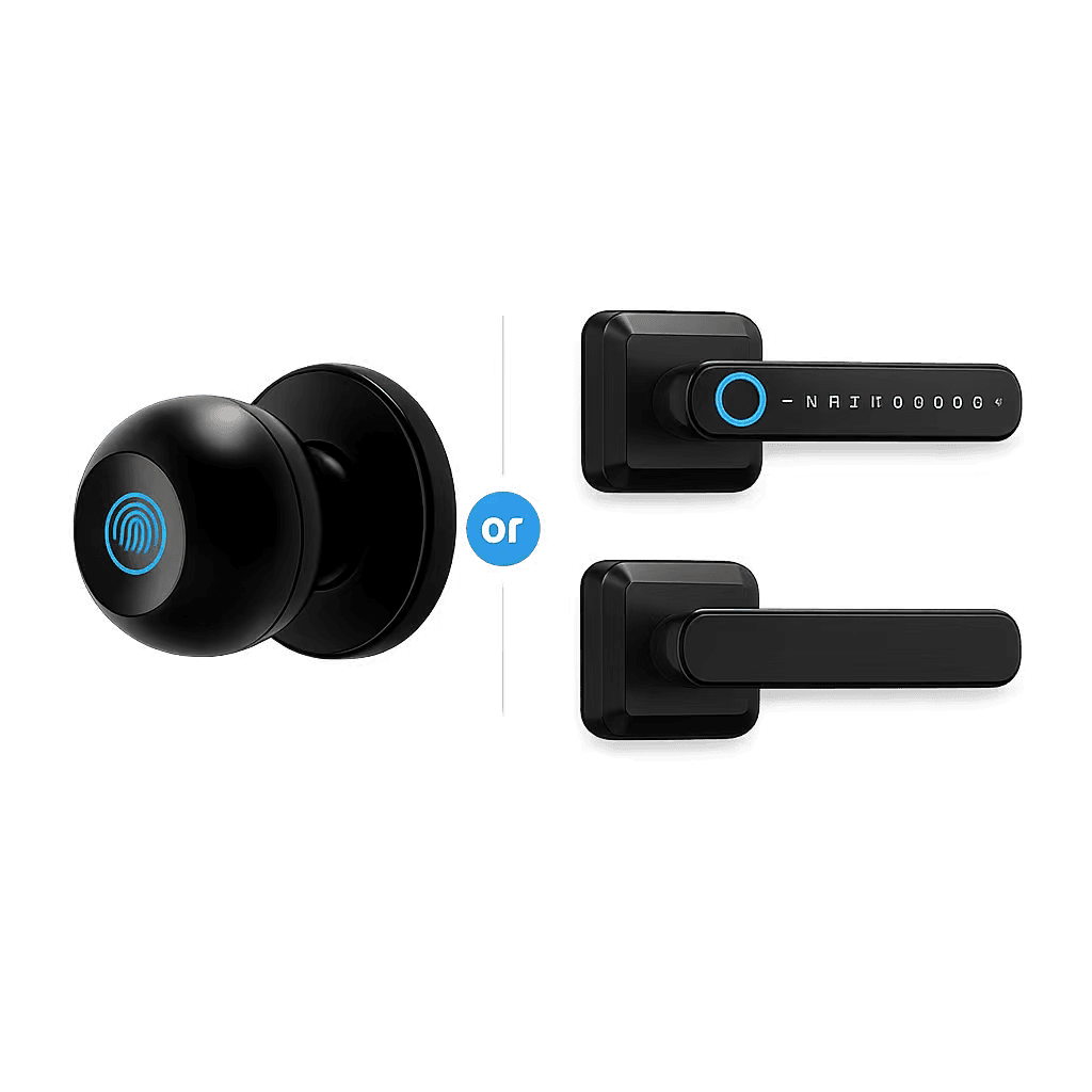 Two smart door lock models — fingerprint knob and lever with keypad