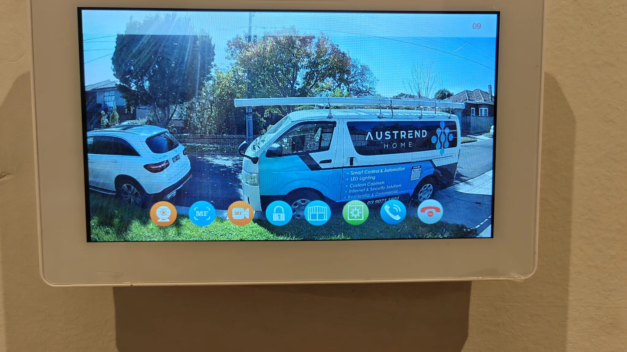 Indoor video intercom monitor showing front entrance