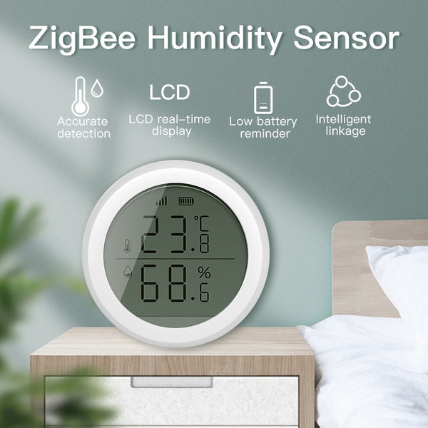 ZigBee Temperature and Humidity Sensor, LCD Display, Smart Home Compatible, App Control, White